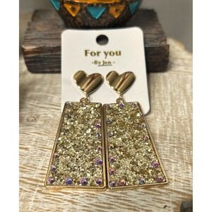 Gold Glitter Heart Dangle Drop Earrings Sparkly Statement Fashion Jewelry Women